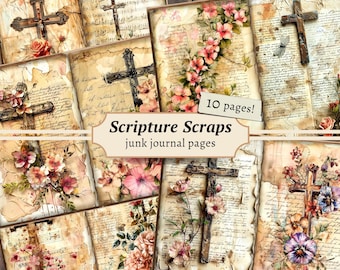 Scripture Scraps Junk Journal Pages, Digital Scrapbook Kit, Religious Paper, Bible Journaling, Vintage Faith Printable, Prayer Collage Sheet