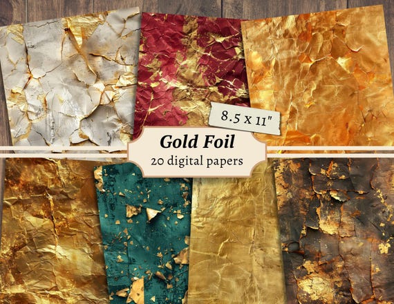 Gold Foil Digital Papers, Distressed Scrapbook Kit, Gold Printable Backgrounds, Collage Sheet, Junk Journal Pages, Backing Paper Download