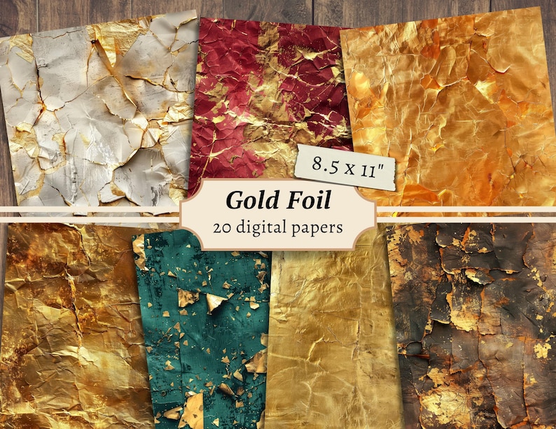 May include: A set of 20 digital papers featuring gold foil textures. The papers are 8.5 x 11 inches and have a variety of distressed and cracked patterns.