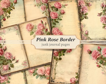 Pagine di diario spazzatura con bordo rosa, kit di carta per album digitale, foglio di collage stampabile con fiori vintage, effimeri shabby chic, stampa floreale