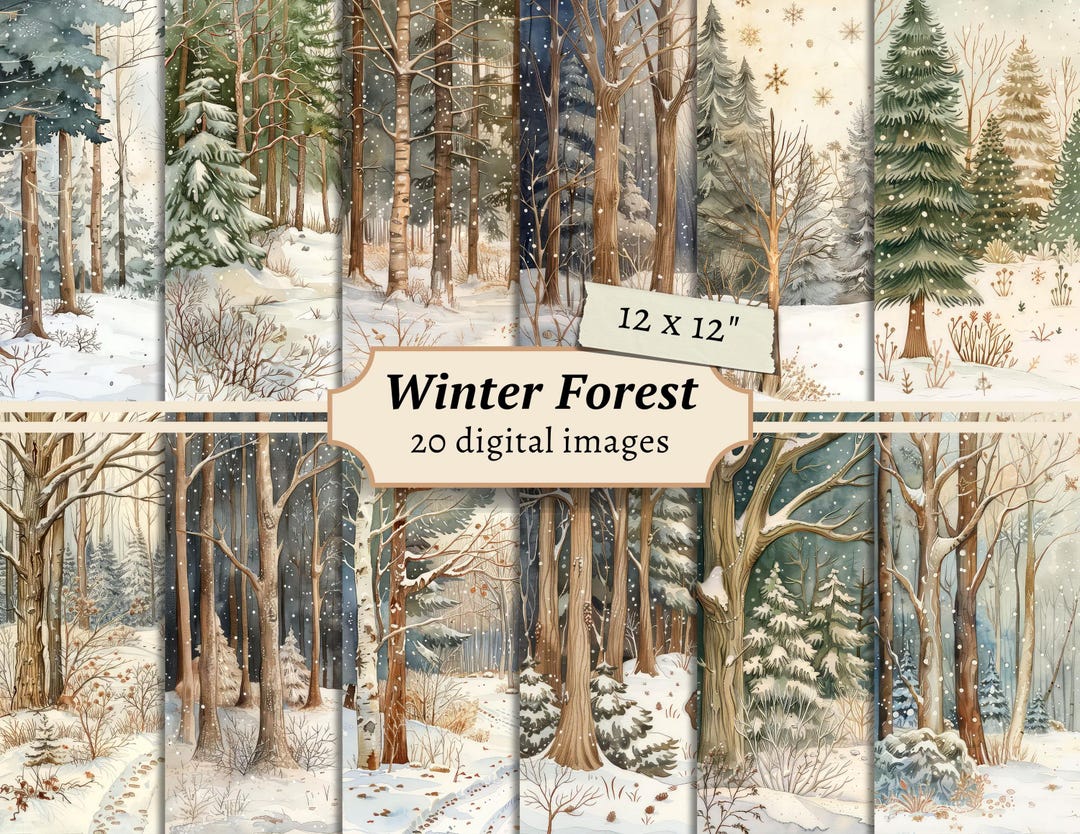 Winter Forest Digital Papers, Snowy Woodland Junk Journal Page ...