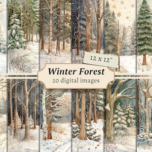 Digitale papieren winterbos, besneeuwde bos ongewenste dagboekpagina, plakboekkit, sneeuwlandschap afdrukbaar, Winter Wonderland kaartenset