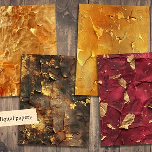 May include: Set of 20 digital papers featuring distressed textures with gold leaf accents. The papers have a variety of colors, including red, brown, and gold.
