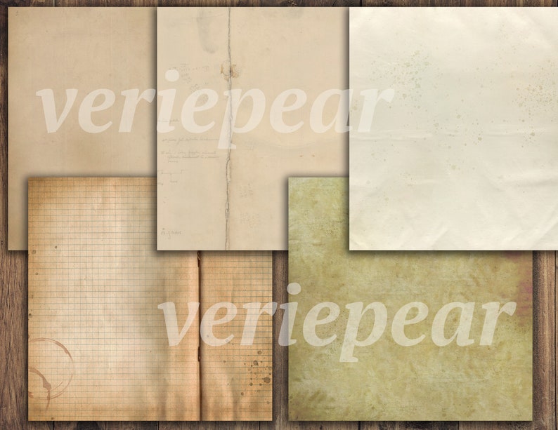 May include: A set of five vintage-style paper textures. The papers are in various shades of brown and beige, with some having a grid pattern and others having a more distressed look. The papers are perfect for scrapbooking, card making, or other craft projects.