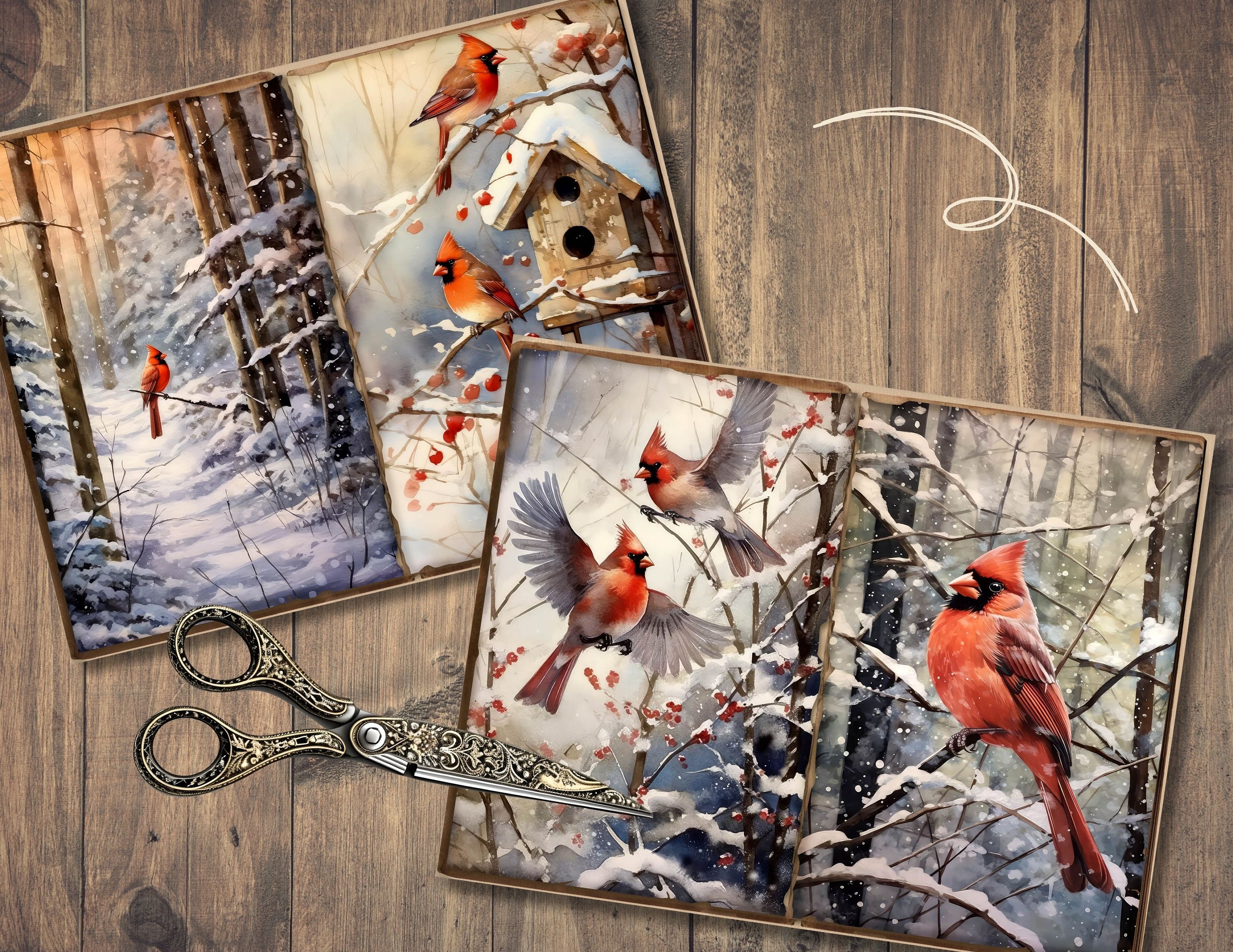 Winter Cardinal Junk Journal Pages, Digital Scrapbook Paper Kit, Snowy ...