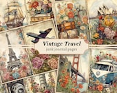 Vintage Travel Junk Journal Pages, Digital Floral Ephemera, Printable Shabby Collage Sheet, Antique Suitcase, Scrapbook Vacation Paper Kit