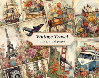 May include: Vintage travel themed collage of images including a ship, Eiffel Tower, airplane, luggage, flowers, a van, the Golden Gate Bridge, and the Sydney Opera House. The text "Vintage Travel junk journal pages" is in the center of the collage.