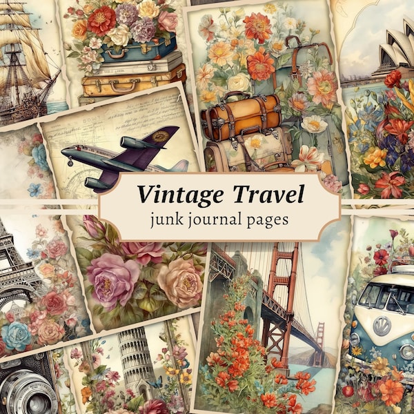 Vintage Reise Junk Journal Seiten, digitale Blumen Ephemera, druckbare Shabby Collage Sheet, antiker Koffer, Scrapbook Urlaub Papier Kit