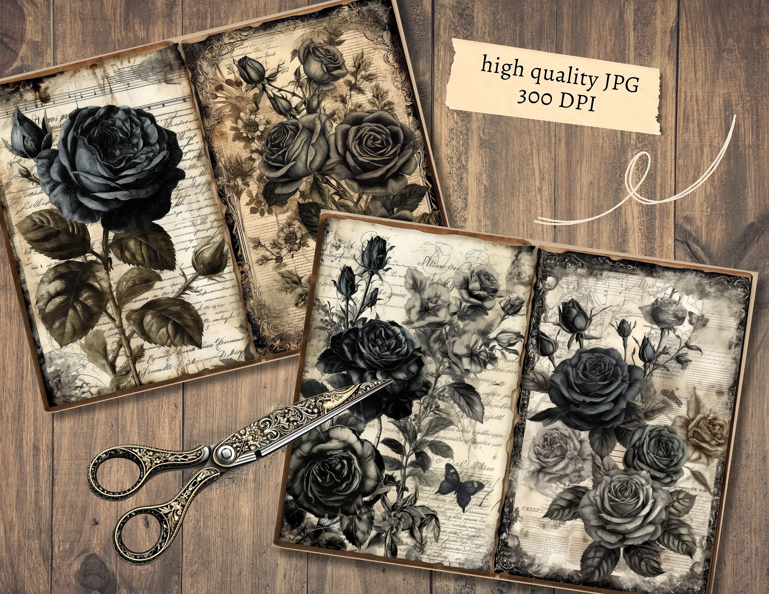 Black Roses Junk Journal Pages, Digital Scrapbook Paper Kit, Gothic ...