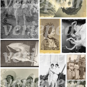 May include: A collage of vintage black and white photographs featuring women in various poses and settings. The images include women walking in a park, a woman posing for a portrait, women on a swing, and women standing in front of a building.