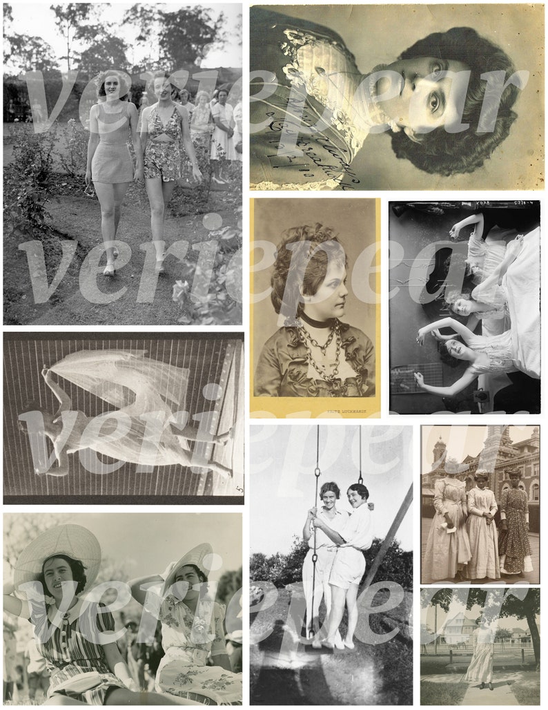 May include: A collage of vintage black and white photographs featuring women in various poses and settings. The images include women walking in a park, a woman posing for a portrait, women on a swing, and women standing in front of a building.