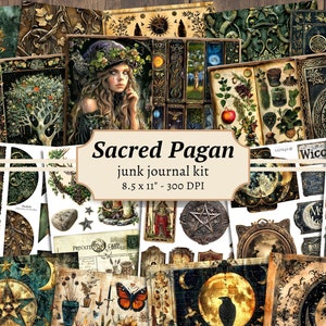 Sacred Pagan Junk Journal Kit, digitaal plakboek, afdrukbare groene heks, pagina's Mystic Moon, collagevel, vintage ephemera, grimoire