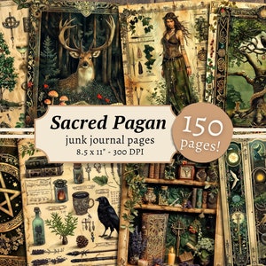Pagine del diario della spazzatura pagana sacra, carta per album digitale, strega verde stampabile, sfondi lunari mistici, foglio di collage celeste, grimorio
