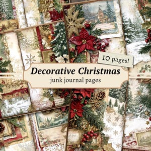 Christmas Junk Journal Pages, Digital Festive Scrapbook, Decorative Paper Kit, Winter Snow Printable, Vintage Ephemera, Xmas Collage Sheet