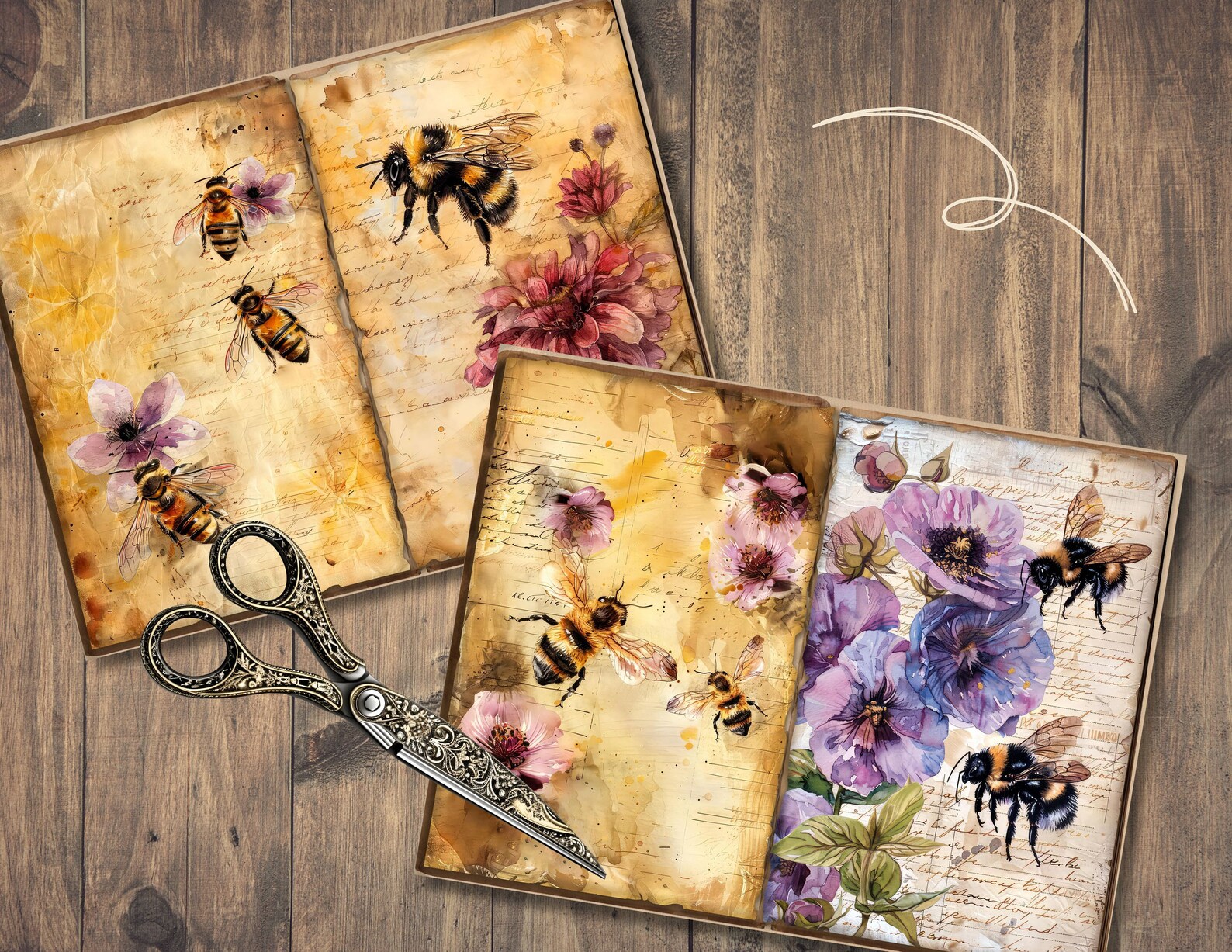 Floral Bees Junk Journal Pages, Digital Scrapbook Paper, Honey Bee ...