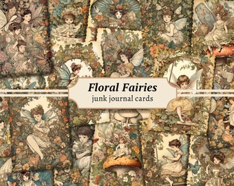 Vintage Floral Fairies Journaling Cards, Digital Junk Journal Ephemera, Printable Scrapbook Paper Kit, Whimsical Collage Sheet, Fairy Flower