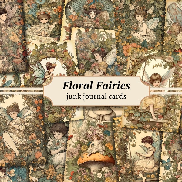 Vintage Floral Fairies Journaling Cards, Digital Junk Journal Ephemera, Printable Scrapbook Paper Kit, Whimsical Collage Sheet, Fairy Flower
