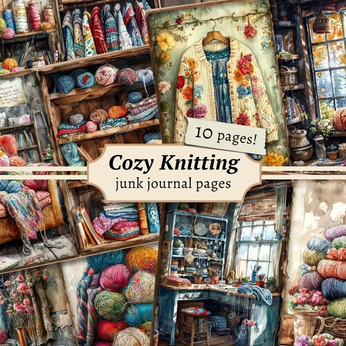 Cozy Knitting Junk Journal Pages, Digital Scrapbook, Crochet Paper Kit, Shabby Chic Printable, Vintage Ephemera, Wool Crafts Collage Sheet