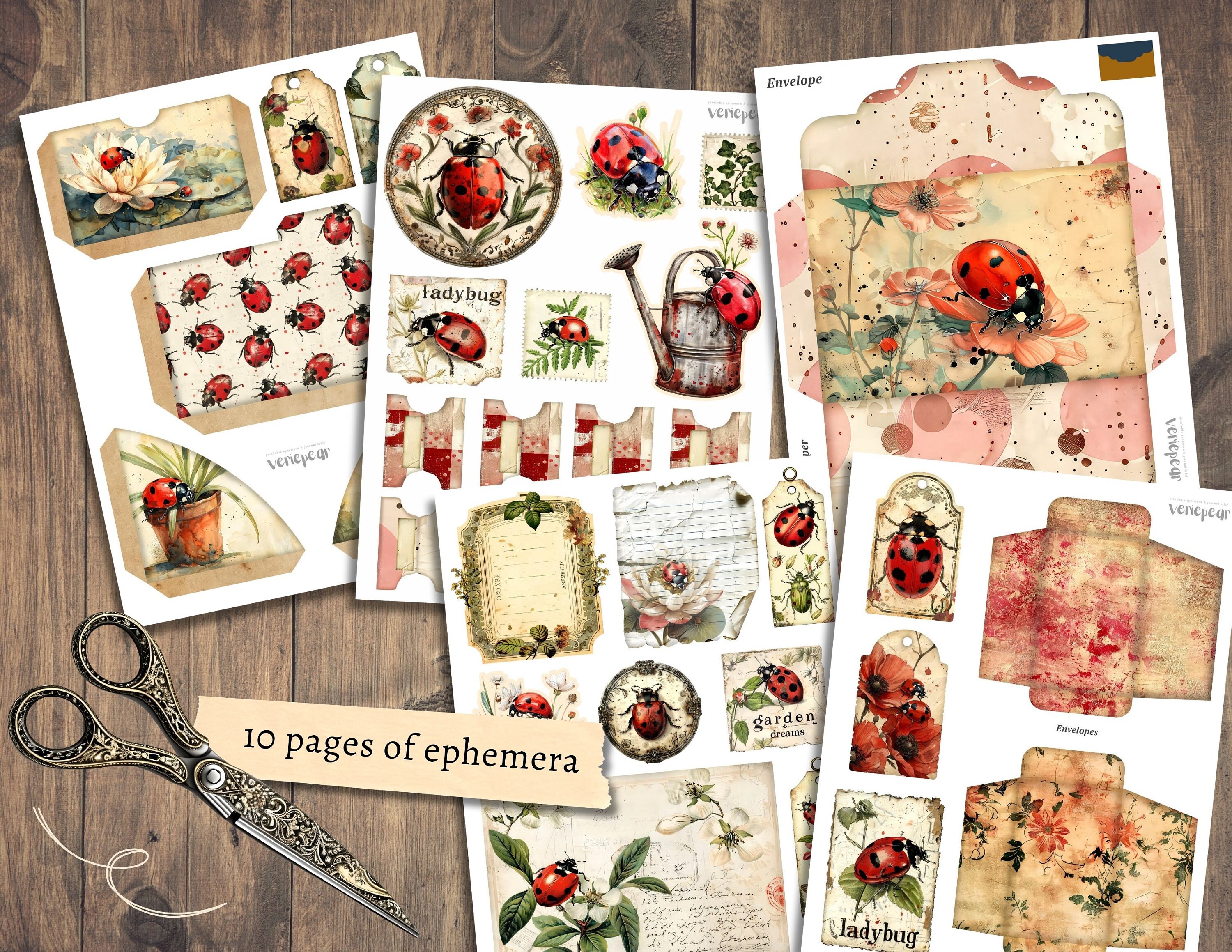 Ladybug Junk Journal Kit, Digital Scrapbook Paper, Ladybird Printable ...