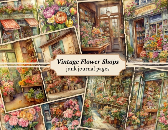 Vintage Flower Shop Junk Journal Pages, Floral Scrapbook Paper Digi Kit, Digital Ephemera, Printable Collage Sheet, Watercolor Cottagecore