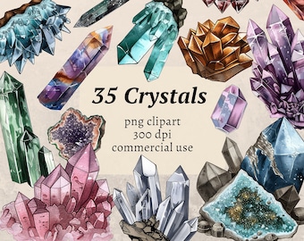 Può includere: Illustrazione ad acquerello di 35 cristalli di varie forme e colori, tra cui viola, verde, arancione e trasparente. L'immagine include il testo "35 Cristalli" e dettagli sul formato del file e sull'utilizzo.