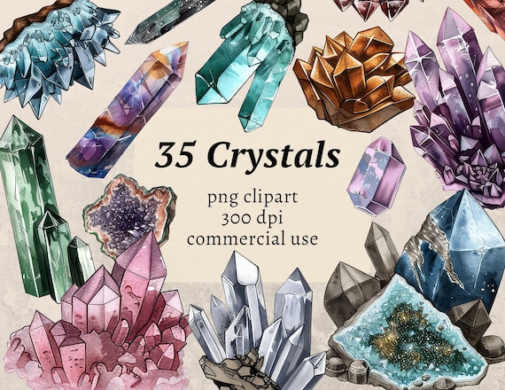 Crystals Clipart, Watercolor Gems Clip Art, Mystic Gemstones PNG Bundle, Digital Precious Stones, Sticker Graphics Download, Commercial Use