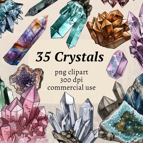 Crystals Clipart, Watercolor Gems Clip Art, Mystic Gemstones PNG Bundle, Digital Precious Stones, Sticker Graphics Download, Commercial Use