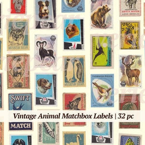 Etiquetas animais vintage para caixas de fósforos | 32x | coisas efêmeras com tema animal | imprimíveis de diários indesejados | download instantâneo de cartões de tabaco | arte de scrapbook