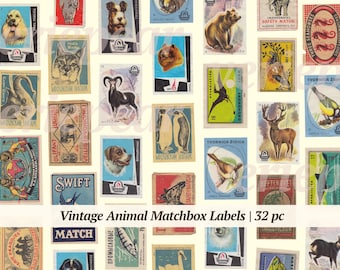 Vintage Animal Matchbox Labels | 32x | animal themed ephemera | junk journal printables | instant download tobacco cards | scrapbooking art
