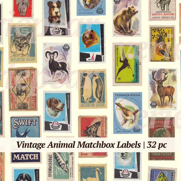 Vintage Animal Matchbox Labels | 32x | animal themed ephemera | junk journal printables | instant download tobacco cards | scrapbooking art