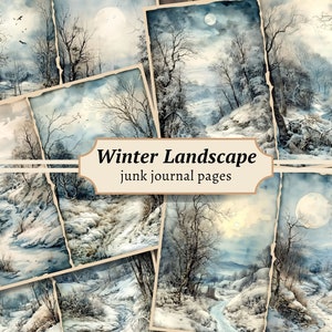 Páginas de diario basura con paisajes invernales, kit de papel para álbum de recortes digital, hojas para imprimir con nieve, collage, material efímero vintage, fondo de bosque rústico