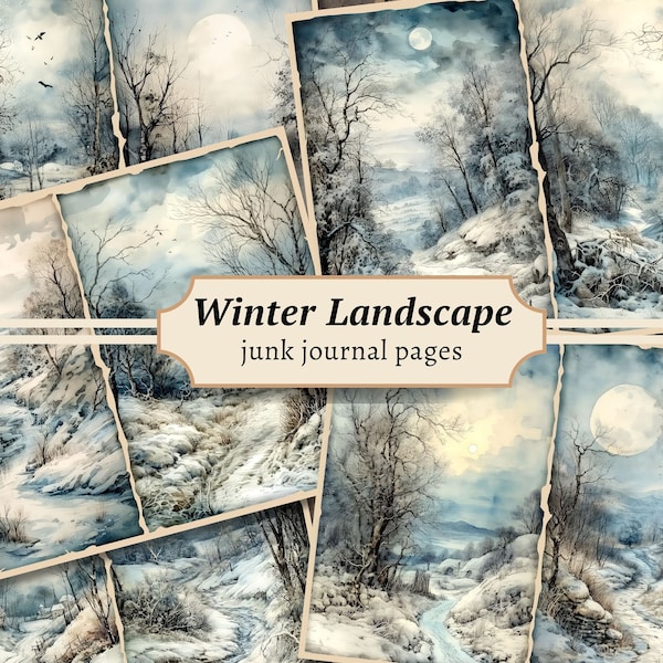Winter Landscape Junk Journal Pages, Digital Scrapbook Paper Kit, Snow Printable, Collage Sheet, Vintage Ephemera, Rustic Forest Background