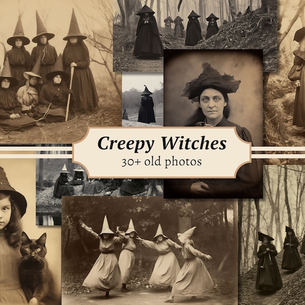 Creepy Witch Photos, Printable Witchy Photographs, Vintage Junk Journal Ephemera, Digital Scrapbook Kit, Wicca Collage Sheet, Grimoire BOS