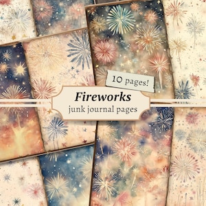 Puede incluir: Diez páginas digitales imprimibles con ilustraciones de acuarela de fuegos artificiales en tonos azules, rojos y amarillos sobre un fondo blanco con estrellas doradas. El texto "Fireworks junk journal pages" está incluido en la imagen.