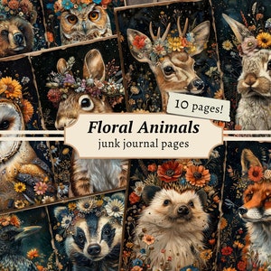 Pages de journal indésirable animaux floraux, kit de papier de scrapbooking numérique, fleurs à imprimer, animaux de la forêt avec couronnes de fleurs, feuille de collage bois