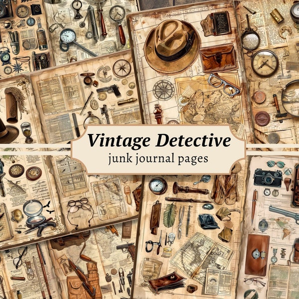 Vintage Detective Junk Journal Pages, Digital Scrapbook Paper Kit, Crime Investigation Printable, Mystery Case File, Victorian Collage Sheet