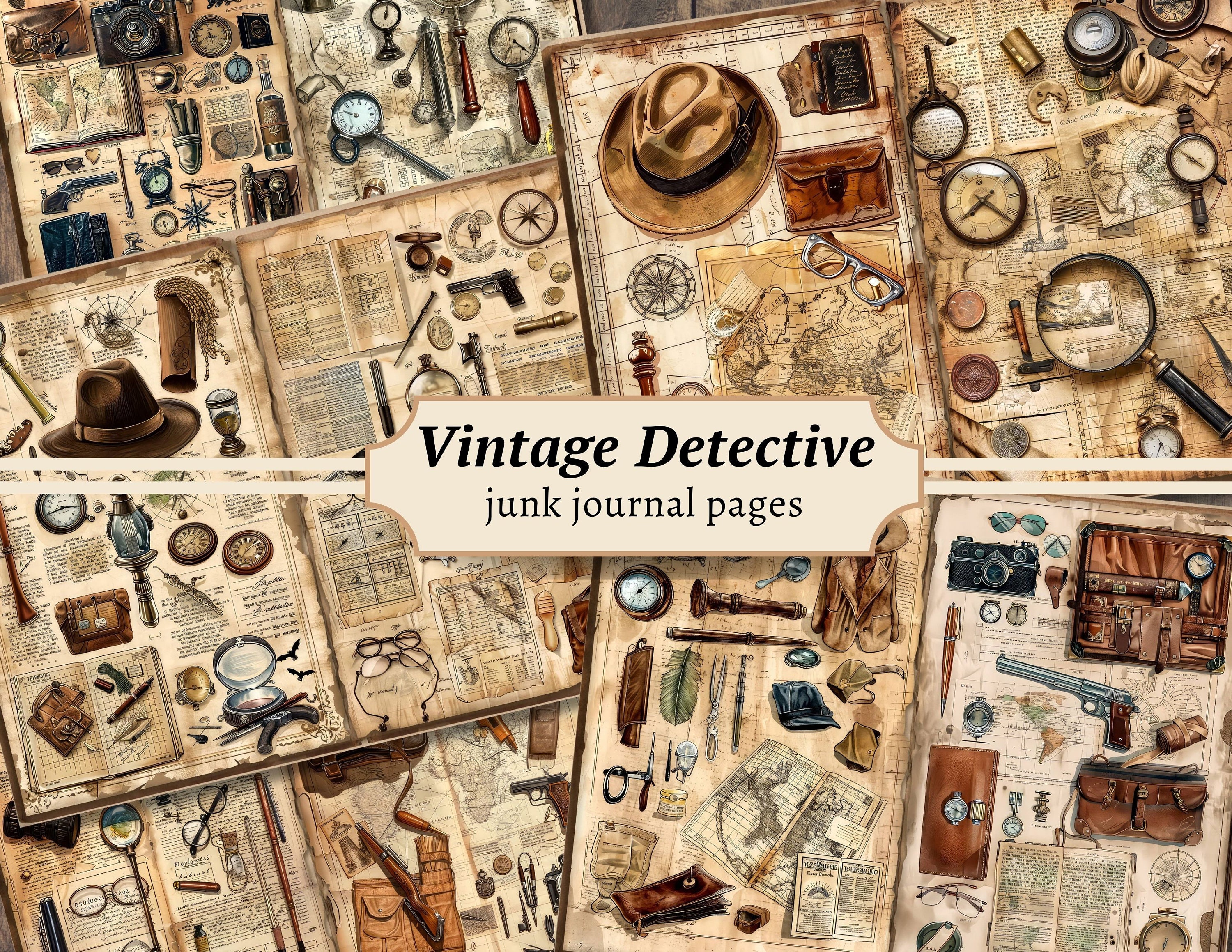 Vintage Detective Junk Journal Pages, Digital Scrapbook Paper Kit, Crime Investigation Printable, Mystery Case File, Victorian Collage Sheet