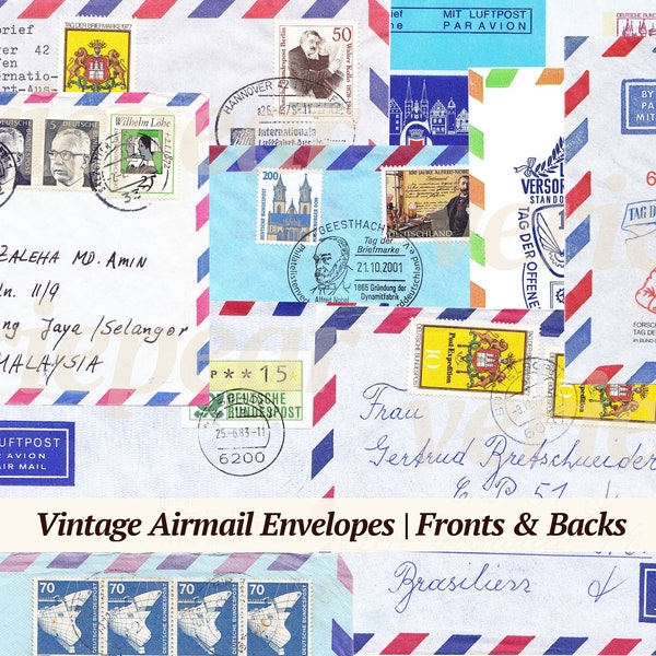 vintage enveloppes poste aérienne Digikit | 16x | poste aérienne imprimable | Produits éphémères de luftpost | avion | papier correo aereo | Lot de journaux indésirables d'occasion