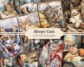 Sleepy Cats Junk Journal Pages, Digital Scrapbook Paper Kit, Kitten Printable, Collage Sheet, Cozy Cottagecore Download, Vintage Ephemera
