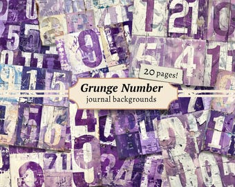 Grunge Number Backgrounds, Textured Junk Journal Page, Digital Scrapbook Paper, Vintage Mixed Media Printable, Purple Ephemera Collage Sheet