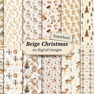 Beige Christmas Digital Papers, Scrapbook Backgrounds, Neutral Christmas Printable, Xmas Seamless Patterns, Junk Journal Pages, Card Making