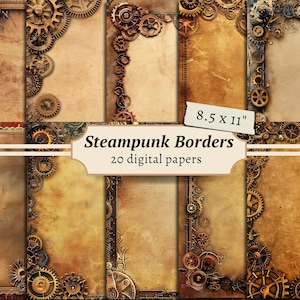 Papiers numériques bordures steampunk, kit scrapbooking, impression industrielle, feuille de collage vintage, pages de journal indésirable victorien, cadre mécanique