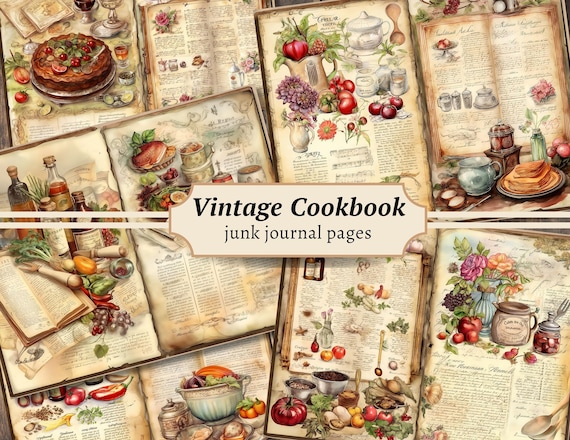 Vintage Cookbook Junk Journal Pages, Digital Scrapbook Paper Kit, Cooking Printable, Baking Collage Sheet, Kitchen Ephemera, Old Recipe Book