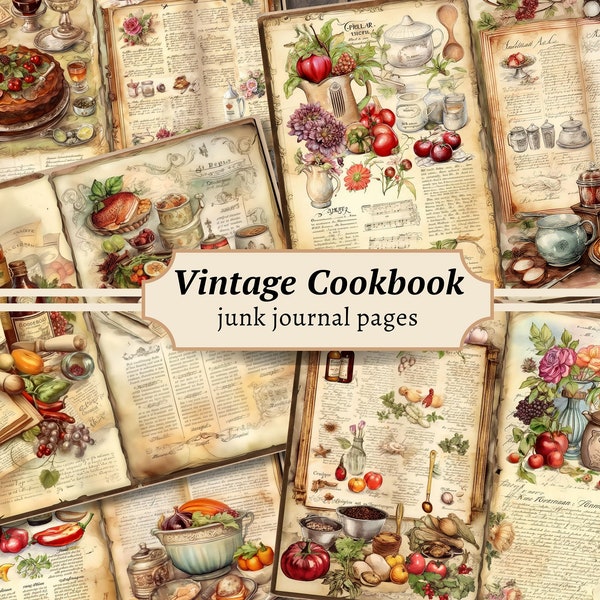 Vintage kookboek junk journal pagina's, digitale scrapbook papier kit, koken afdrukbaar, bakken collage blad, keuken ephemera, oud receptenboek