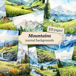 Fondos de montañas, páginas de diario basura sobre la naturaleza, kit de papel para álbum de recortes digital, hojas de collage de parques nacionales, ATC vintage