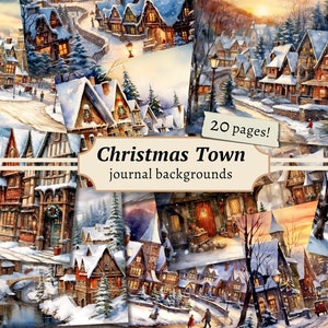 Achtergronden kerststad, digitale rommeljournaalkit, afdrukbaar vakantie, wintersneeuw plakboek, vintage collageblad, feestelijke pagina's