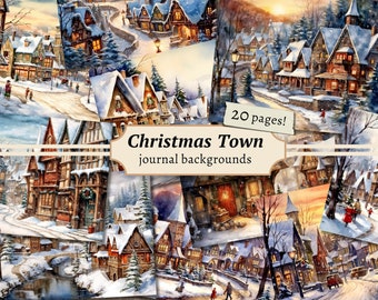 Christmas Town Backgrounds, Digital Junk Journal Kit, Holiday Printable, Winter Snow Scrapbook Paper, Vintage Collage Sheet, Festive Pages