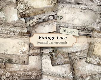 Puede incluir: Un collage de 16 fondos de diario de encaje vintage. Los fondos son en tonos beige, marrón y blanco, con un aspecto desgastado y envejecido. Los fondos presentan encaje, patrones florales y marcos.