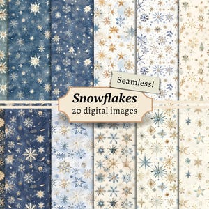 Digitale papieren sneeuwvlokken, wintersneeuw plakboekachtergrond, kerstvakantie afdrukbaar, naadloze patronen, ongewenste dagboekpagina, kaarten maken