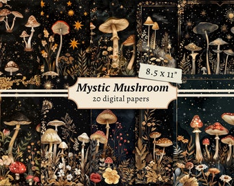 Mystic Mushroom Digital Papers, Scrapbook Kit, Celestial Printable, Vintage Collage Sheet, Dark Forest Junk Journal Pages, Mystical Cards